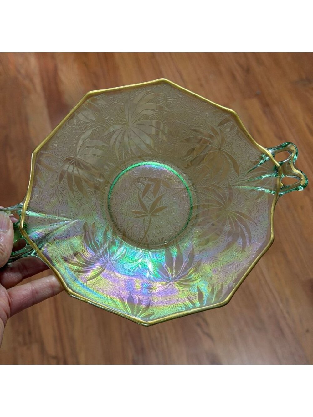 Fostoria Green Palm Leaf Brocade Uranium Iridescent Glass Handled 8” Cake Plate